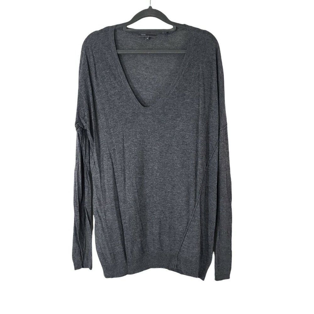 Vince Gray V-Neck Long‎ Sleeve Lightweight Sweater Raw Hem Details Wool Blend M